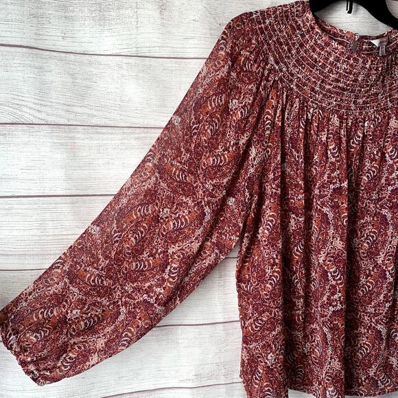 Joe Fresh Pink Paisley Blouse Long Sleeves Round Shirring Neckline Size XL - Picture 5 of 13